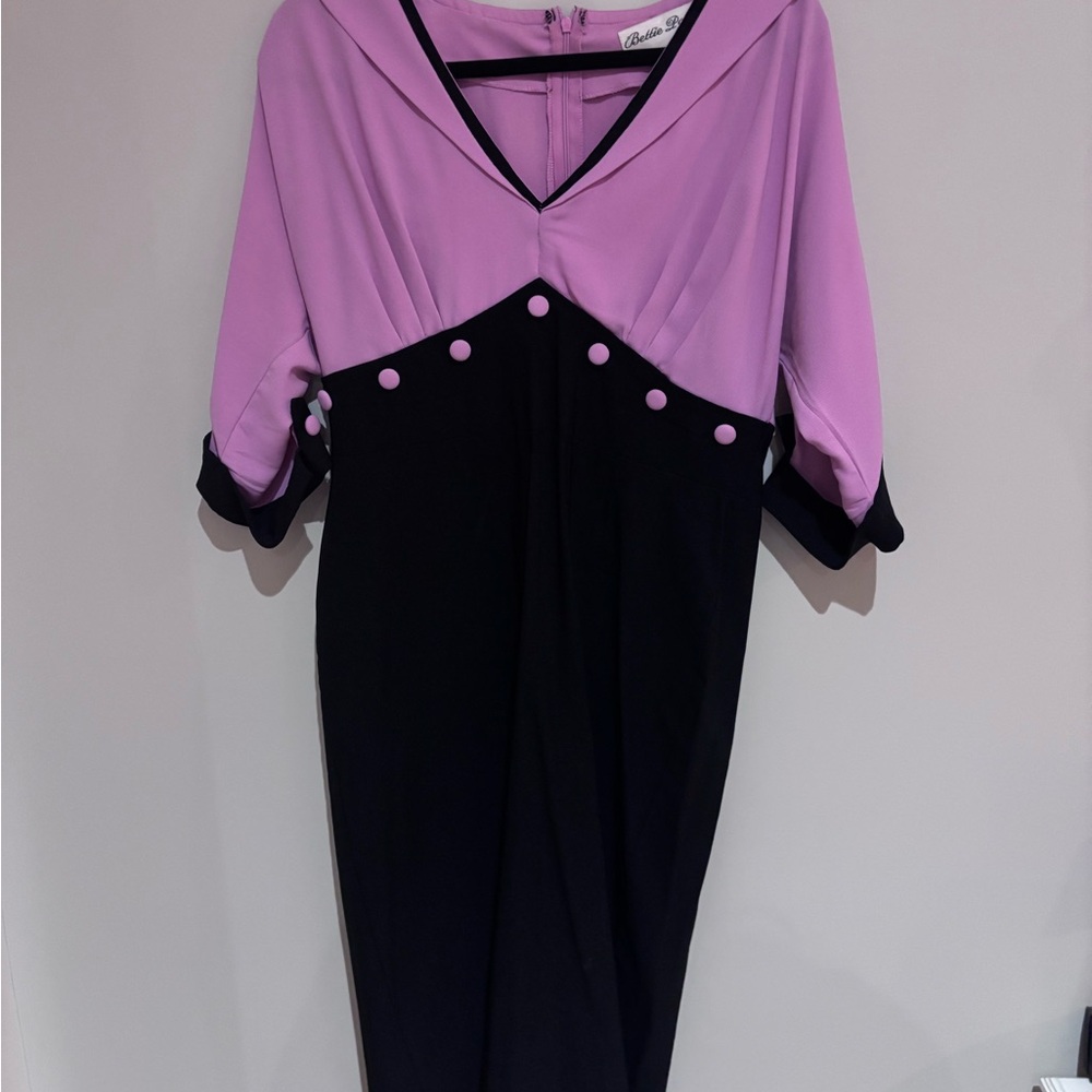 Bettie Page Tatyana Pink and Black Midi Dress